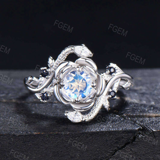 Floral Natural Moonstone Engagement Ring Double Snake Moissanite Diamond Promise Ring Twig Leaf Rainbow Moonstone Wedding Ring Serpent Ring