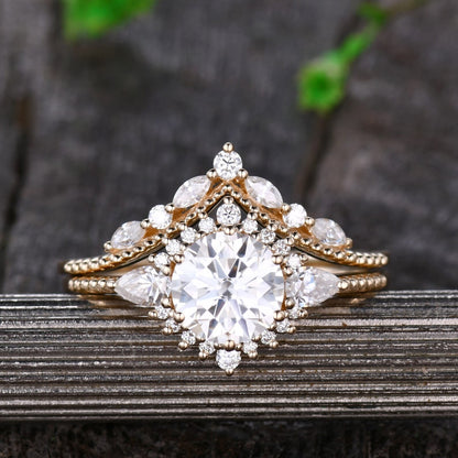 Vintage Moissanite Engagement Ring Set Rose Gold Wedding Ring Set Marquise Cluster Ring Art Deco Wedding Unique Bridal Anniversary Gift