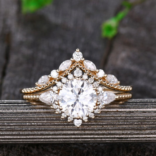 Vintage Moissanite Engagement Ring Set Rose Gold Wedding Ring Set Marquise Cluster Ring Art Deco Wedding Unique Bridal Anniversary Gift