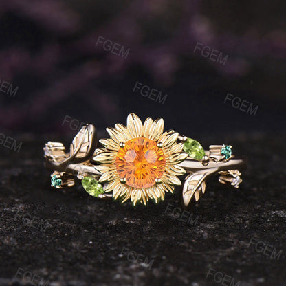 Sunflower Fireworks Cut Spessartite Garnet Engagement Ring Nature Inspired 18k Gold Women Proposal Ring Peridot Leaf Vintage Promise Ring