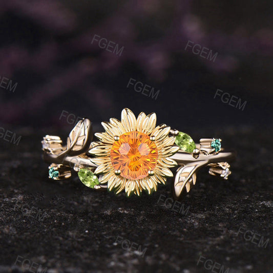 Sunflower Fireworks Cut Spessartite Garnet Engagement Ring Nature Inspired 18k Gold Women Proposal Ring Peridot Leaf Vintage Promise Ring