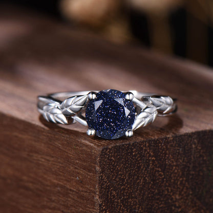 Round Galaxy Blue Sandstone Engagement Ring Vintage Nature Inspired Blue Goldstone Rings Leaves Wedding Ring Unique Solitaire Promise Ring