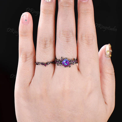 1ct Round Cut Lavender Opal Engagement Ring Set Vintage Black Gold Wedding Ring Leaf Flower Purple Opal Ring with Ruby