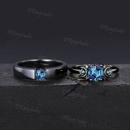 Alexandrite Couple Rings Set 5mm Princess Alexandrite Black Wedding Band Moon Star Round Alexandrite Ring Black Gold Engagement Couple Ring