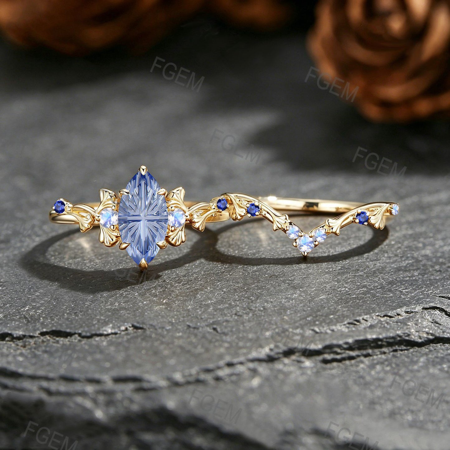 1CT Fantasy Cut Cornflower Sapphire Ginkgo Leaf Bridal Ring Yellow Gold Moonstone Sapphire Wedding Ring Set