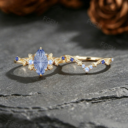 1CT Fantasy Cut Cornflower Sapphire Ginkgo Leaf Bridal Ring Yellow Gold Moonstone Sapphire Wedding Ring Set