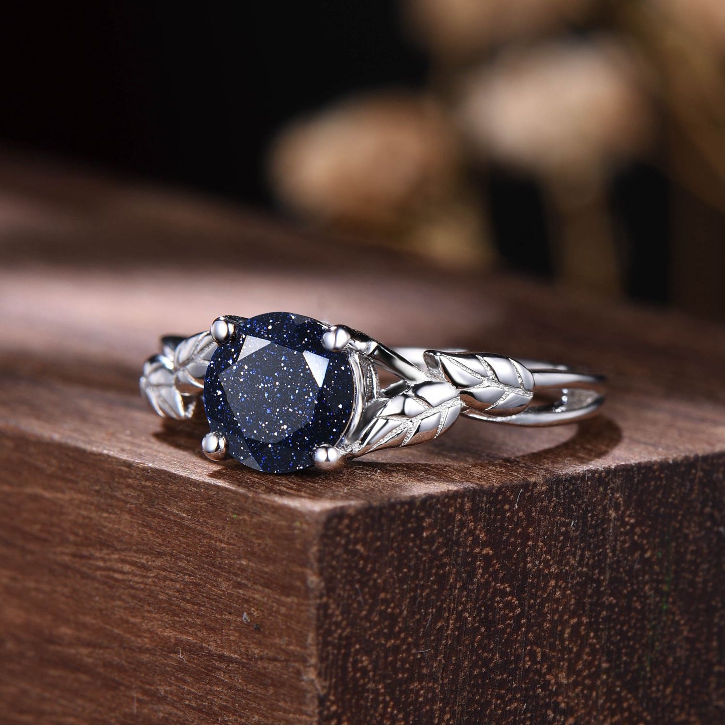 Round Galaxy Blue Sandstone Engagement Ring Vintage Nature Inspired Blue Goldstone Rings Leaves Wedding Ring Unique Solitaire Promise Ring