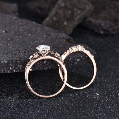 Unique Moon Leaf Nature Inspired Wedding Ring Set 1ct Round Diamond Moissanite Engagement Ring Set 14k Rose Gold 2pcs Bridal Ring Set Women