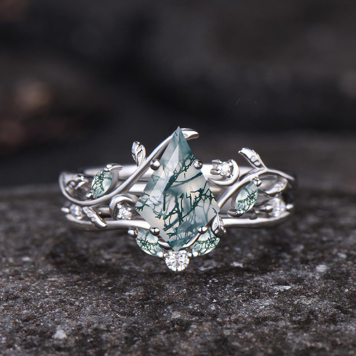 Art Deco Kite Cut Natural Green Moss Agate Engagement Ring Set Unique 14k Black Gold Leaf Vine Twig Branch Nature Inspired Ring Moon Ring