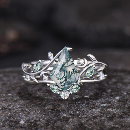 Art Deco Kite Cut Natural Green Moss Agate Engagement Ring Set Unique 14k Black Gold Leaf Vine Twig Branch Nature Inspired Ring Moon Ring