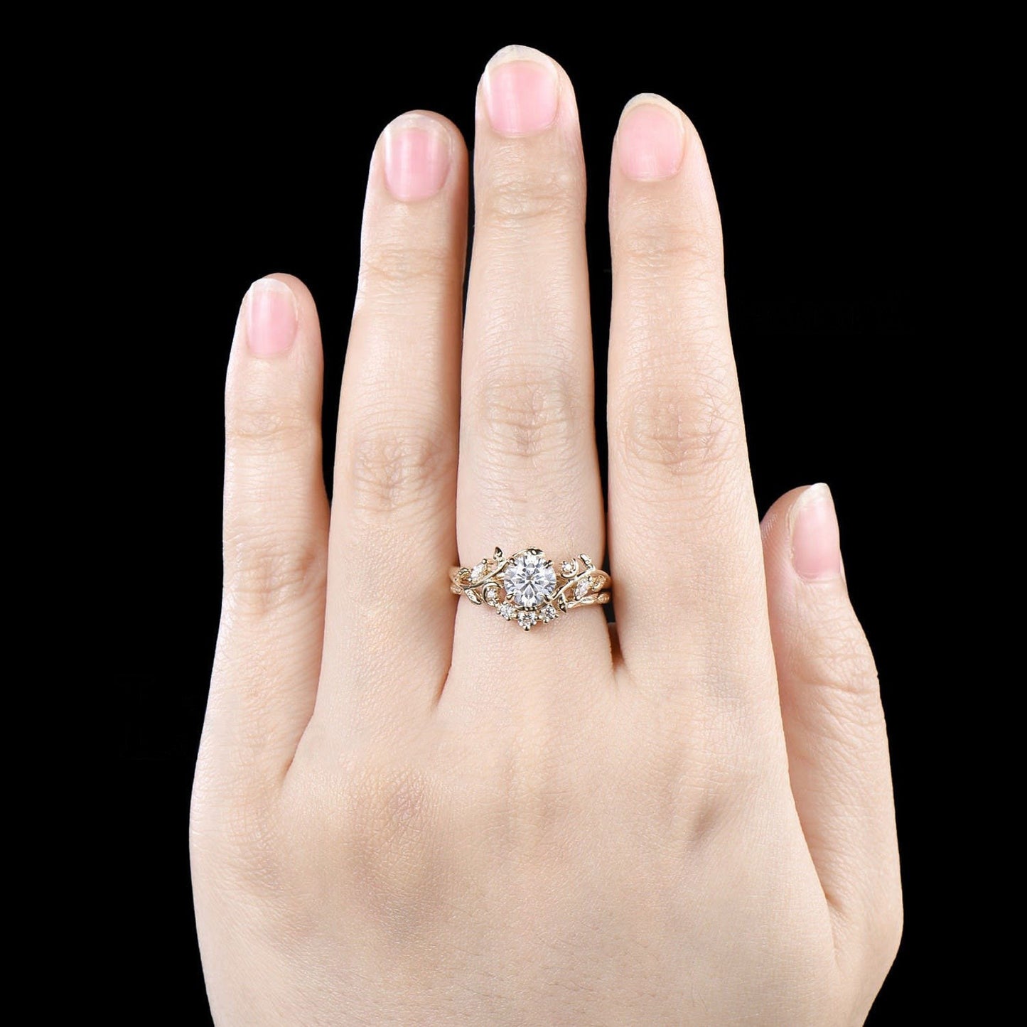 Unique Moon Leaf Nature Inspired Wedding Ring Set 1ct Round Diamond Moissanite Engagement Ring Set 14k Rose Gold 2pcs Bridal Ring Set Women