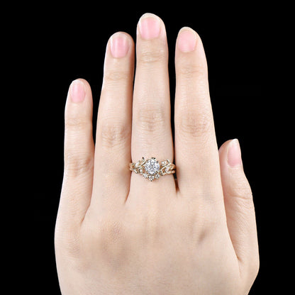 Unique Moon Leaf Nature Inspired Wedding Ring Set 1ct Round Diamond Moissanite Engagement Ring Set 14k Rose Gold 2pcs Bridal Ring Set Women