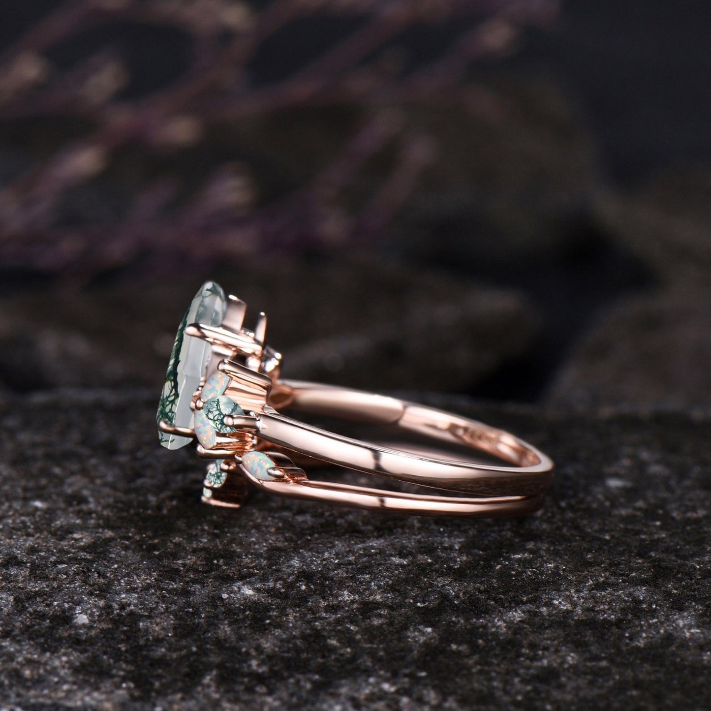 Art Deco Kite Cut Natural Green Moss Agate Engagement Ring Set Unique 14k Black Gold Leaf Vine Twig Branch Nature Inspired Ring Moon Ring