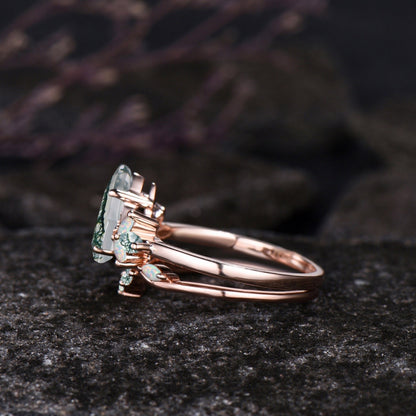 Art Deco Kite Cut Natural Green Moss Agate Engagement Ring Set Unique 14k Black Gold Leaf Vine Twig Branch Nature Inspired Ring Moon Ring