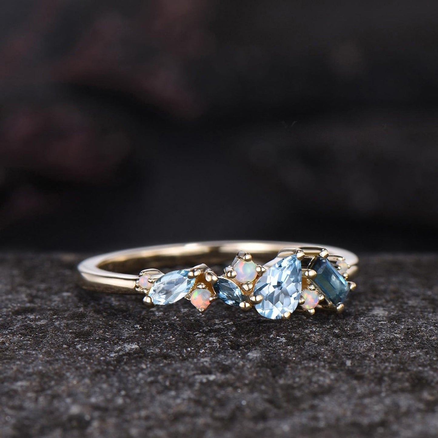 Unique Baguette Cut London Blue Topaz Wedding Band Women Minimalist Pear Aquamarine Opal Cluster Ring Delicate 14k Yellow Gold Bridal Gift