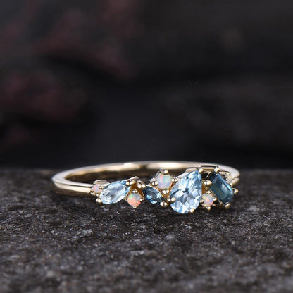 Unique Baguette Cut London Blue Topaz Wedding Band Women Minimalist Pear Aquamarine Opal Cluster Ring Delicate 14k Yellow Gold Bridal Gift