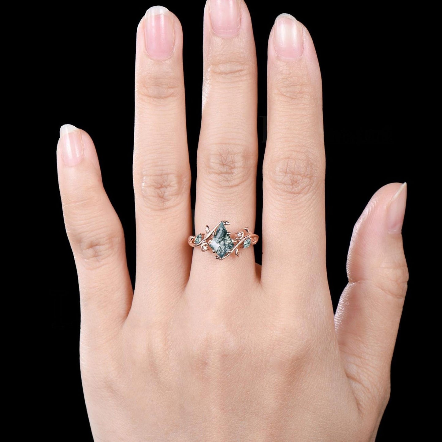 Art Deco Kite Cut Natural Green Moss Agate Engagement Ring Set Unique 14k Black Gold Leaf Vine Twig Branch Nature Inspired Ring Moon Ring