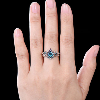 Kite Cut Alexandrite Engagement Ring Set Unique Leaf Vine Twig Branch Nature Inspired Ring Moon Ring June Birthstone 2pcs Bridal Ring Set