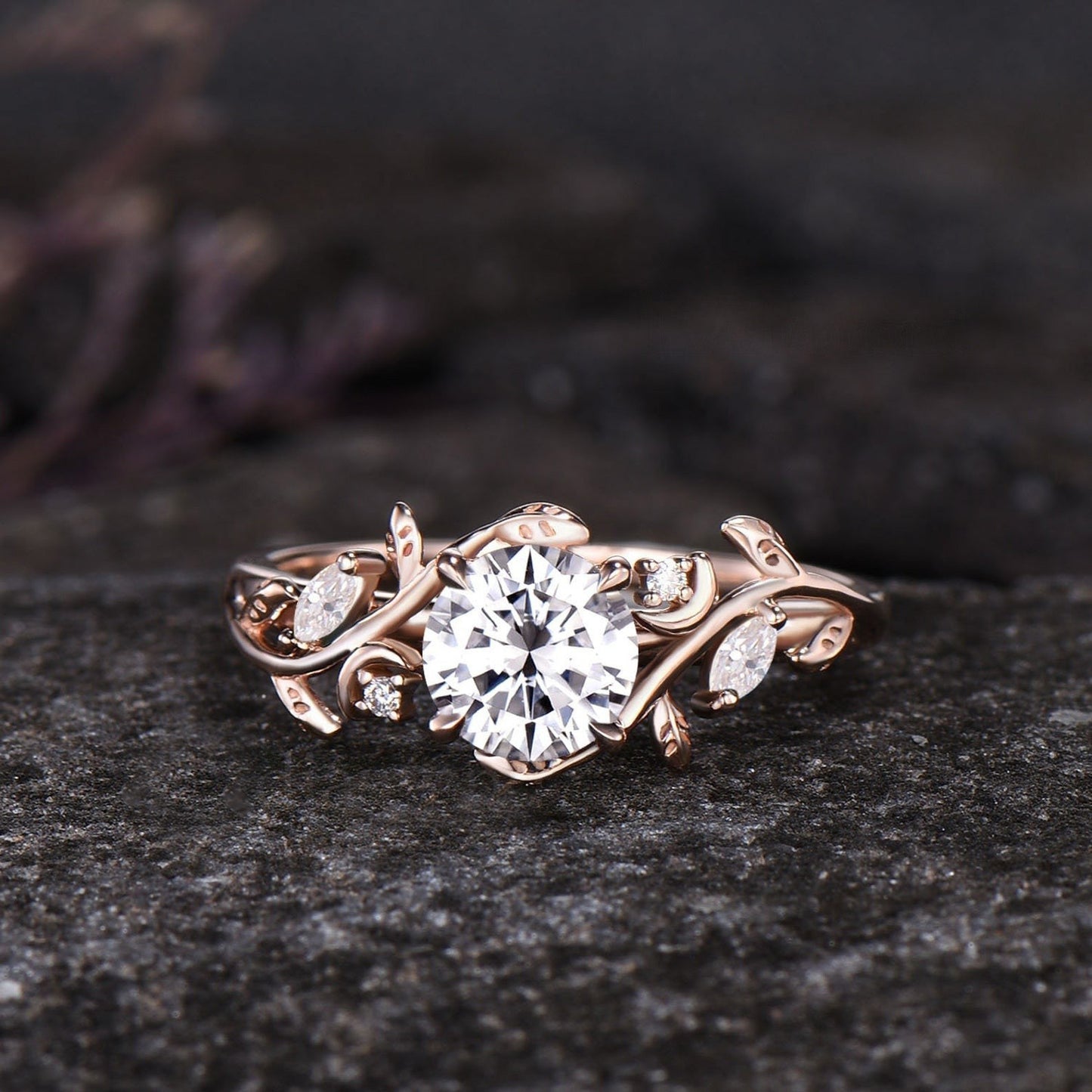 Unique Moon Leaf Nature Inspired Wedding Ring Set 1ct Round Diamond Moissanite Engagement Ring Set 14k Rose Gold 2pcs Bridal Ring Set Women