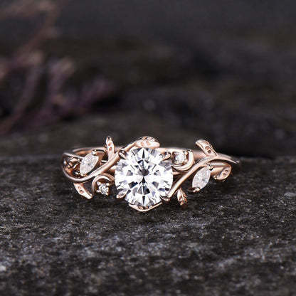 Unique Moon Leaf Nature Inspired Wedding Ring Set 1ct Round Diamond Moissanite Engagement Ring Set 14k Rose Gold 2pcs Bridal Ring Set Women