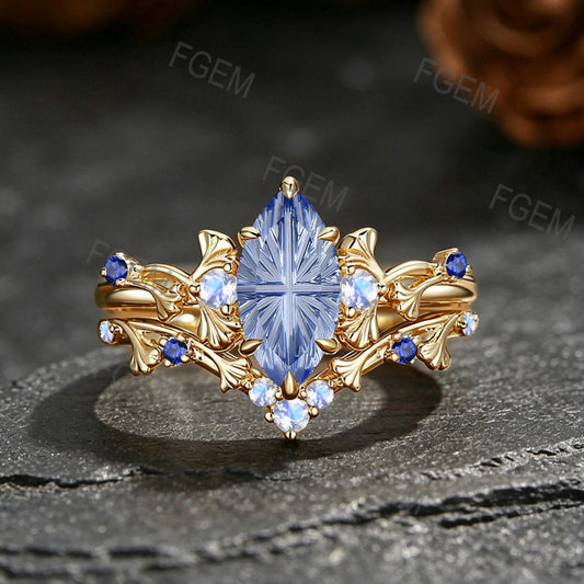 1CT Fantasy Cut Cornflower Sapphire Ginkgo Leaf Bridal Ring Yellow Gold Moonstone Sapphire Wedding Ring Set