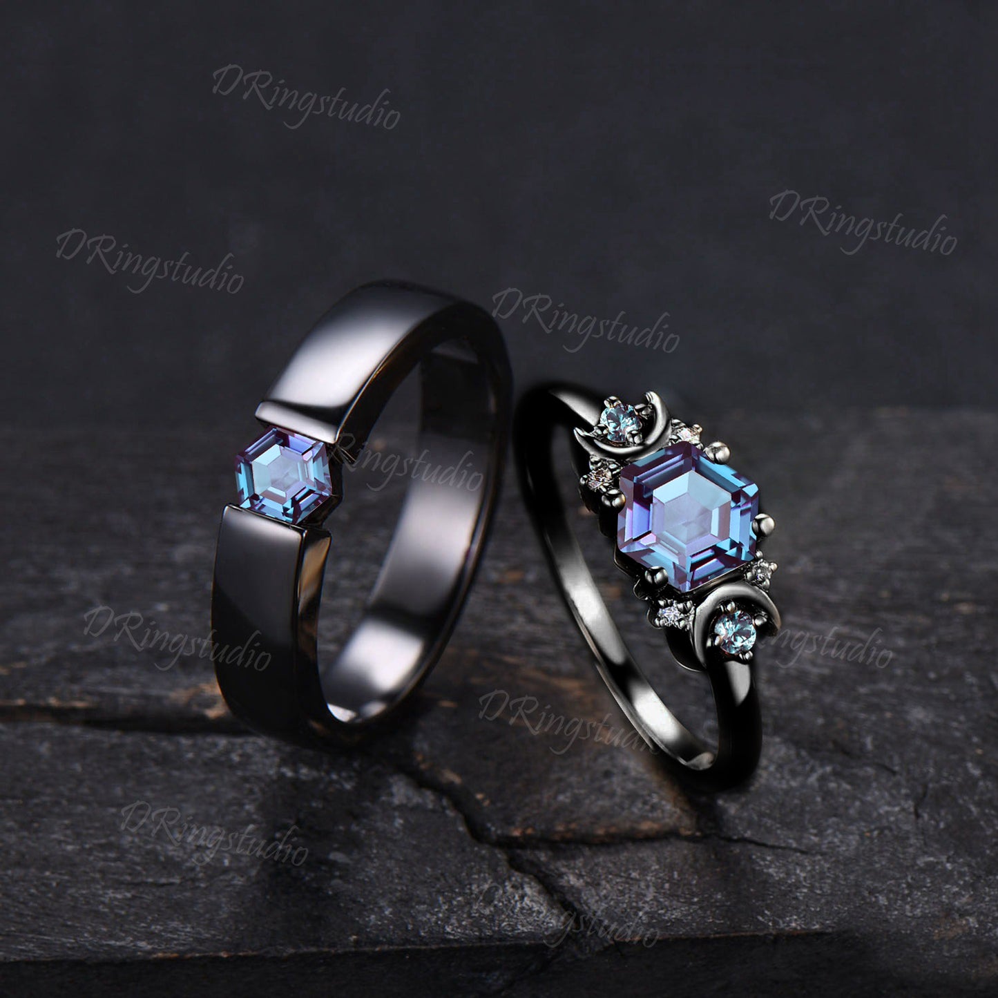 Alexandrite Couple Rings Set 5mm Princess Alexandrite Black Wedding Band Moon Star Round Alexandrite Ring Black Gold Engagement Couple Ring