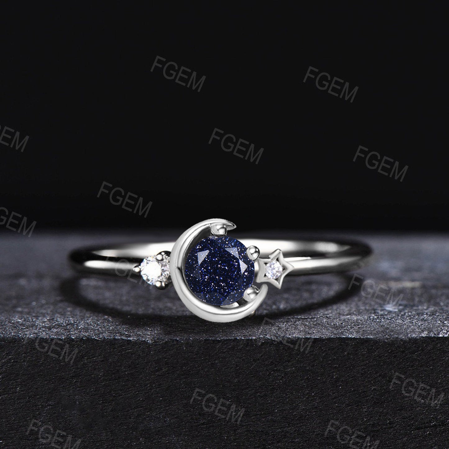 Round Galaxy Starry Sky Blue Sandstone Moissanite Promise Ring Unique Three Stone Engagement Ring Moon Star Wedding Ring Proposal Gift Women