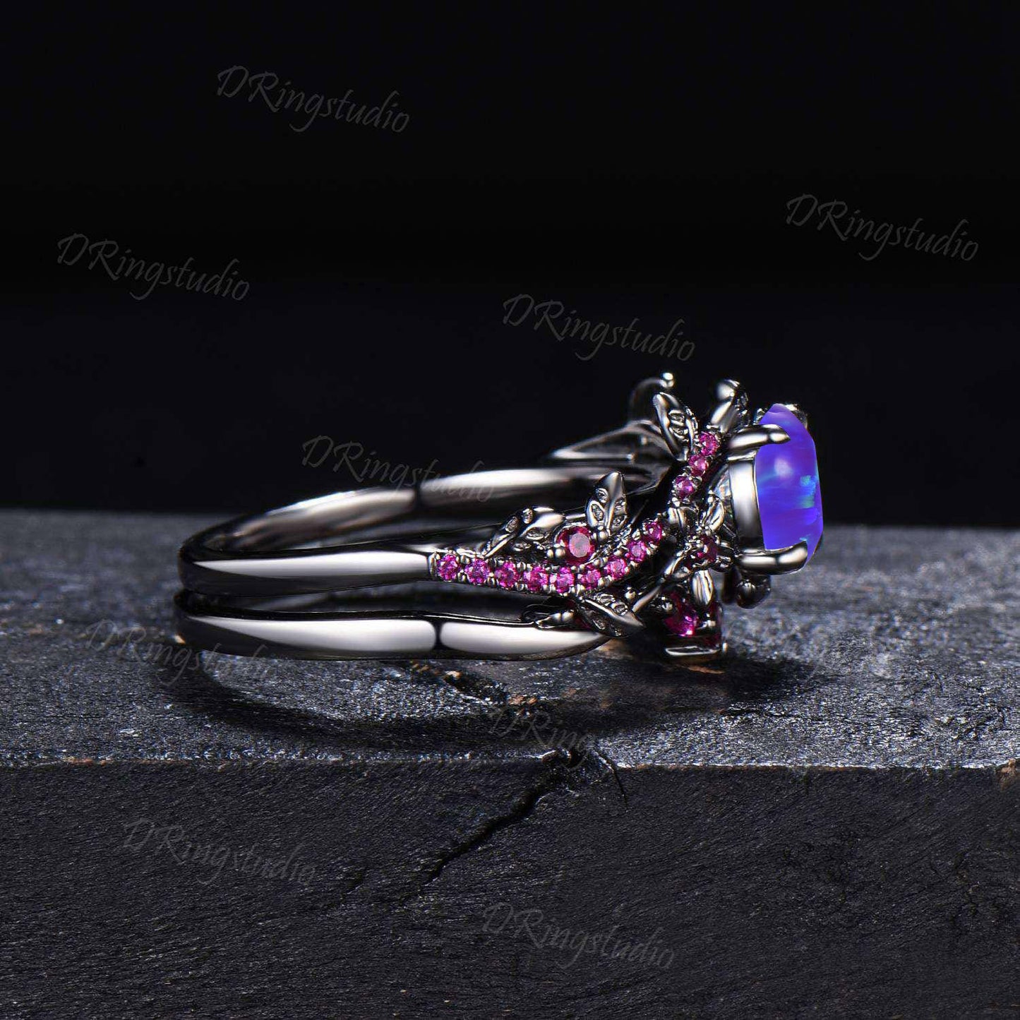 1ct Round Cut Lavender Opal Engagement Ring Set Vintage Black Gold Wedding Ring Leaf Flower Purple Opal Ring with Ruby