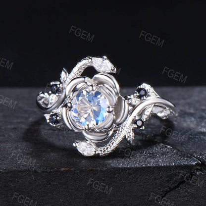 Floral Natural Moonstone Engagement Ring Double Snake Moissanite Diamond Promise Ring Twig Leaf Rainbow Moonstone Wedding Ring Serpent Ring