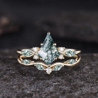 Unique Kite Cut Moss Agate Engagement Ring Set Vintage Round Moissanite Half Eternity Ring Art Deco 14k Rose Gold 3pcs Bridal Ring Set Women