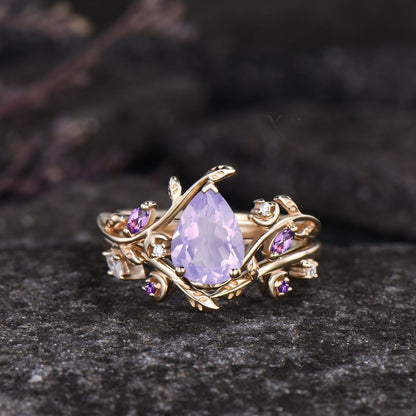 Teardrop Natural Lavender Amethyst Engagement Ring Set February Birthstone Amethyst Moon Ring Leaf Nature Inspired 2pcs Bridal Ring Set
