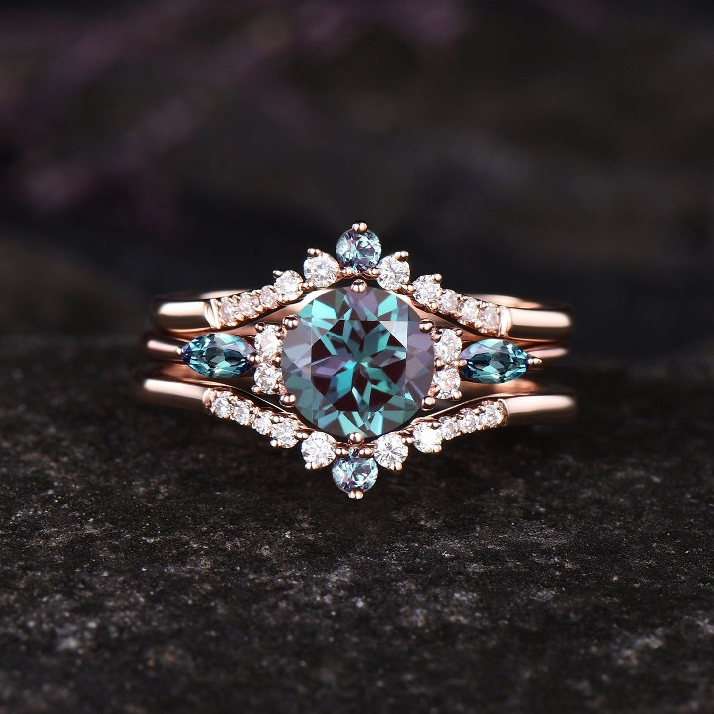 Vintage Round Alexandrite Engagement Ring Set June Birthstone Alexandrite Wedding Band 14k Rose Gold Cluster Halo 3pcs Bridal Ring Set Women