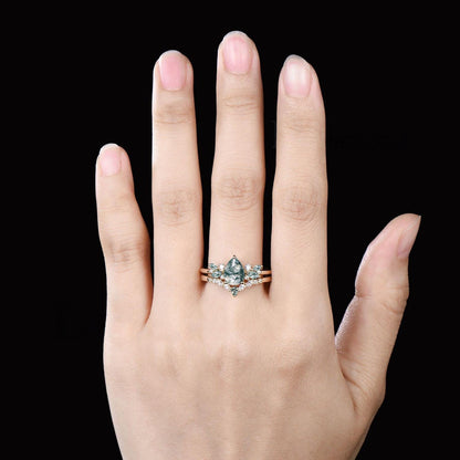 Unique Teardrop Moss Agate Engagement Ring Set Vintage Moissanite Cluster Wedding Ring 14k Rose Gold Sterling Silver 2pcs Bridal Ring Set