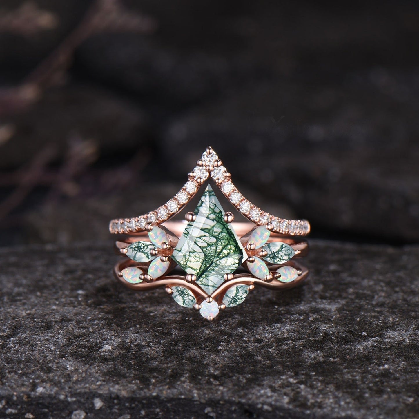 Kite Cut Green Moss Agate Engagement Ring Set Unique Marquise Natural Green Gemstone Cluster Ring 925 Sterling Silver 2pcs Bridal Ring Set
