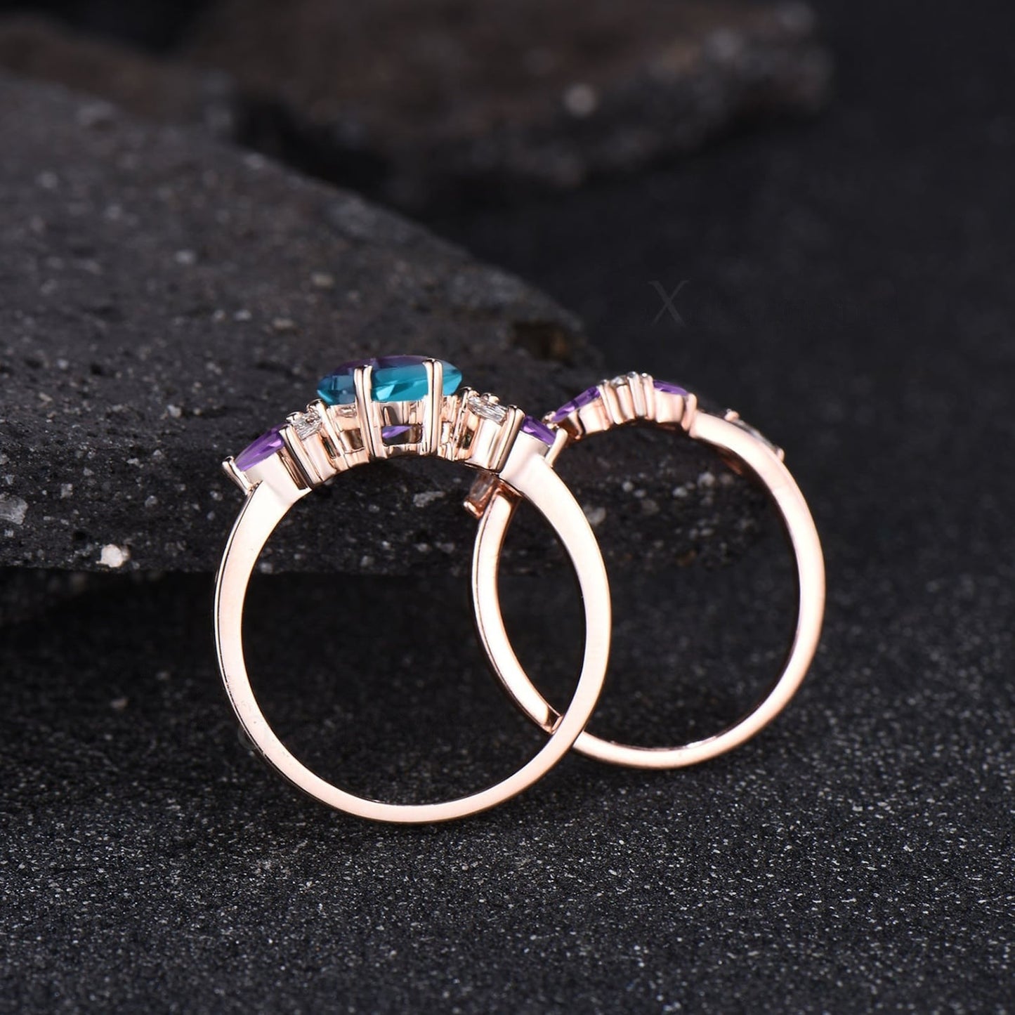 Unique Kite Cut Alexandrite Engagement Ring Set Vintage Natural Amethyst Moonstone Aquamarine Wedding Ring Art Deco 2pcs Bridal Ring Set