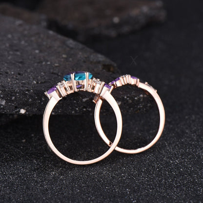 Unique Kite Cut Alexandrite Engagement Ring Set Vintage Natural Amethyst Moonstone Aquamarine Wedding Ring Art Deco 2pcs Bridal Ring Set