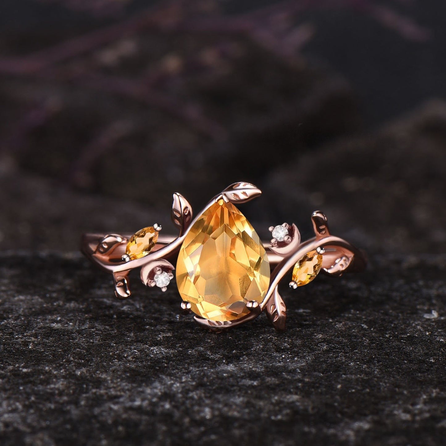 Dainty Pear Cut Natural Citrine Engagement Ring Set Unique Leaf Nature Inspired Ring Moon Ring November Birthstone Yellow Crystal Ring Women
