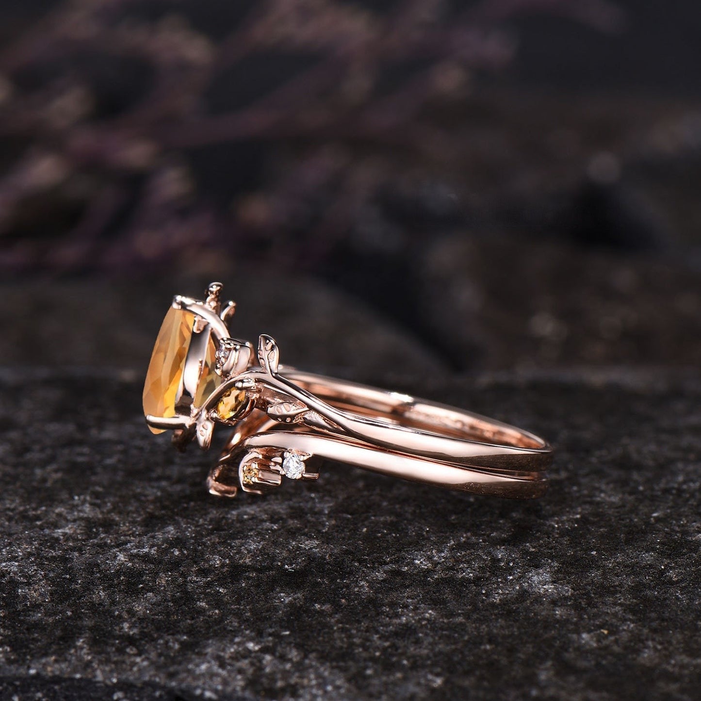 Dainty Pear Cut Natural Citrine Engagement Ring Set Unique Leaf Nature Inspired Ring Moon Ring November Birthstone Yellow Crystal Ring Women