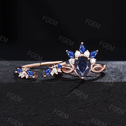 Unique Crown Engagement Ring Pear Cut Galaxy Blue Sandstone Ring Set Vintage Blue Goldstone Sapphire Bridal Set Infinity Ring Wedding Gifts