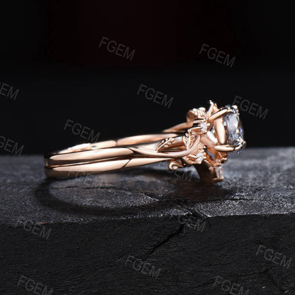 14k Solid Gold Engagement Ring Nature Inspired Grey Moissanite Ring 1ct Round Moissanite Bridal Set Twig Leaf Ring Set Proposal Women Gift