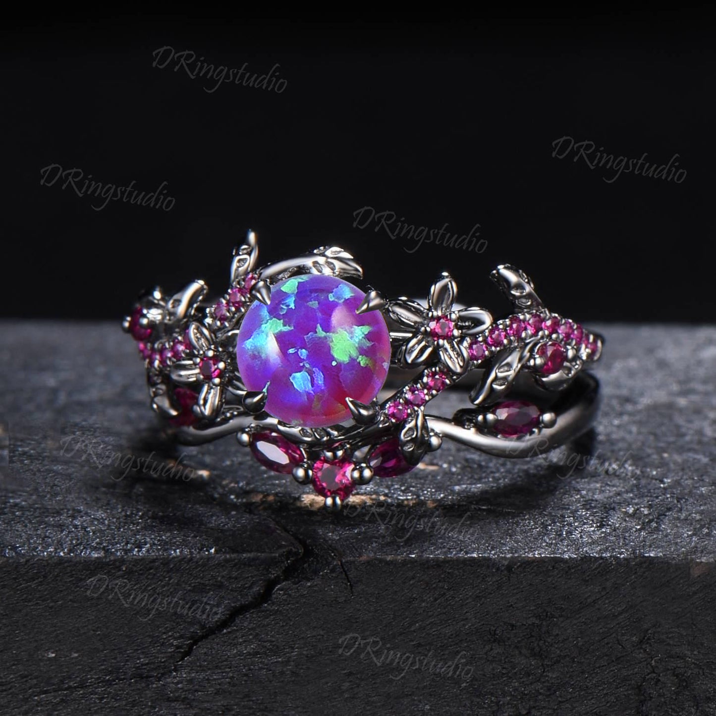 1ct Round Cut Lavender Opal Engagement Ring Set Vintage Black Gold Wedding Ring Leaf Flower Purple Opal Ring with Ruby