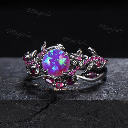 1ct Round Cut Lavender Opal Engagement Ring Set Vintage Black Gold Wedding Ring Leaf Flower Purple Opal Ring with Ruby