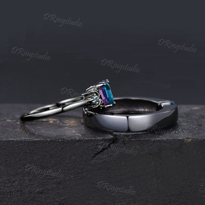 Alexandrite Couple Rings Set 5mm Princess Alexandrite Black Wedding Band Moon Star Round Alexandrite Ring Black Gold Engagement Couple Ring