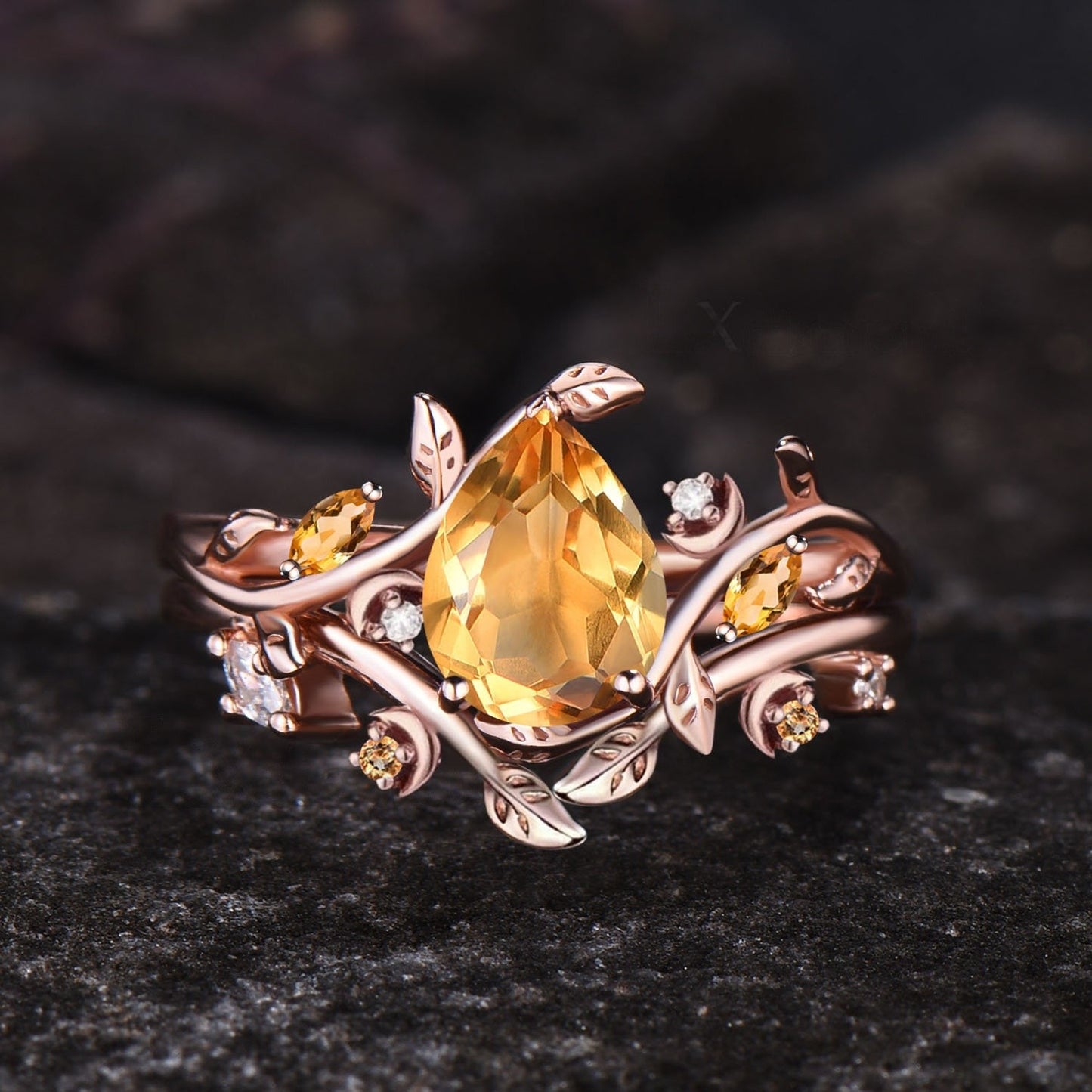 Dainty Pear Cut Natural Citrine Engagement Ring Set Unique Leaf Nature Inspired Ring Moon Ring November Birthstone Yellow Crystal Ring Women