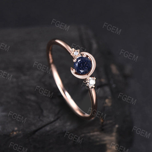 Round Galaxy Starry Sky Blue Sandstone Moissanite Promise Ring Unique Three Stone Engagement Ring Moon Star Wedding Ring Proposal Gift Women