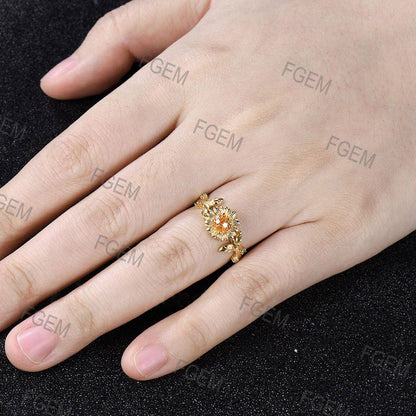 Sunflower Fireworks Cut Spessartite Garnet Engagement Ring Nature Inspired 18k Gold Women Proposal Ring Peridot Leaf Vintage Promise Ring