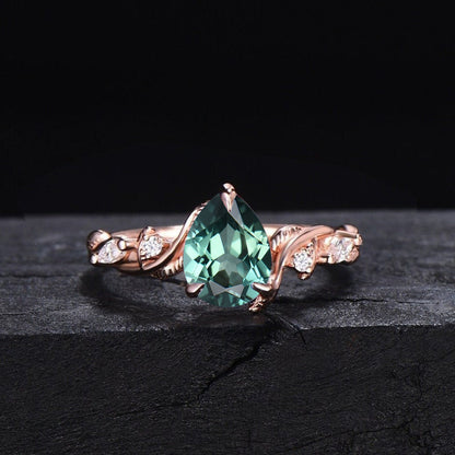 1.25ct Pear Shaped Green Sapphire Ring Set 14k Rose Gold Nature Inspired Green Blue Montana Teal Sapphire Branch Twig Vine Engagement Ring for Women