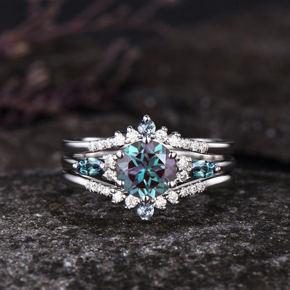 Vintage Round Alexandrite Engagement Ring Set June Birthstone Alexandrite Wedding Band 14k Rose Gold Cluster Halo 3pcs Bridal Ring Set Women