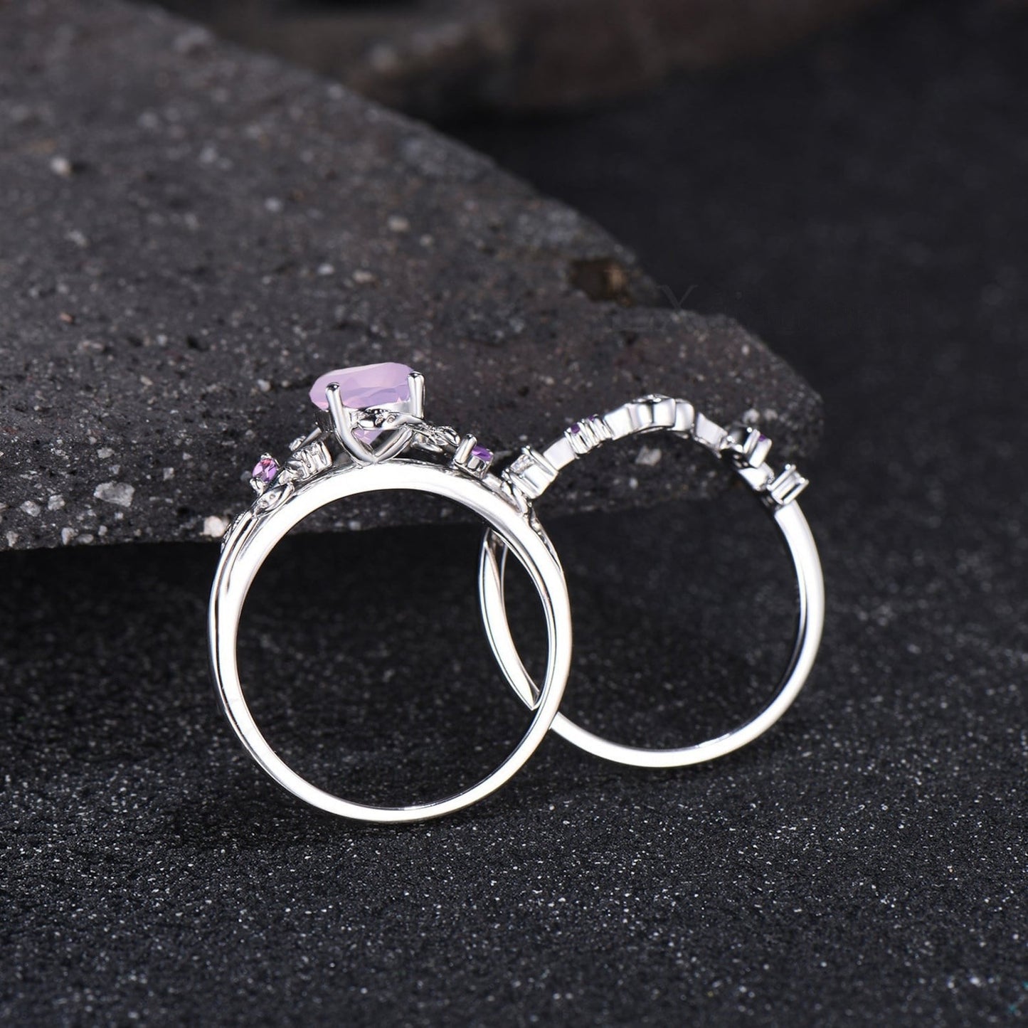 Teardrop Natural Lavender Amethyst Engagement Ring Set February Birthstone Amethyst Moon Ring Leaf Nature Inspired 2pcs Bridal Ring Set