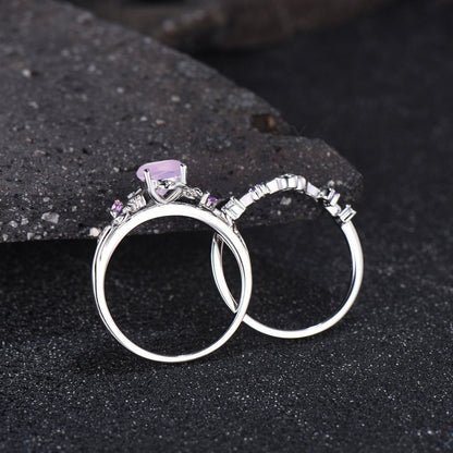 Teardrop Natural Lavender Amethyst Engagement Ring Set February Birthstone Amethyst Moon Ring Leaf Nature Inspired 2pcs Bridal Ring Set